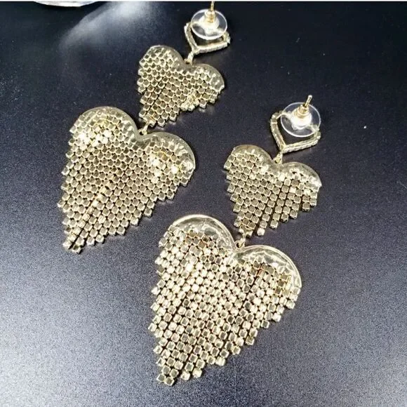 Brand New Gold Rhinestone Double Hearts Earrings - Picture 3 of 5